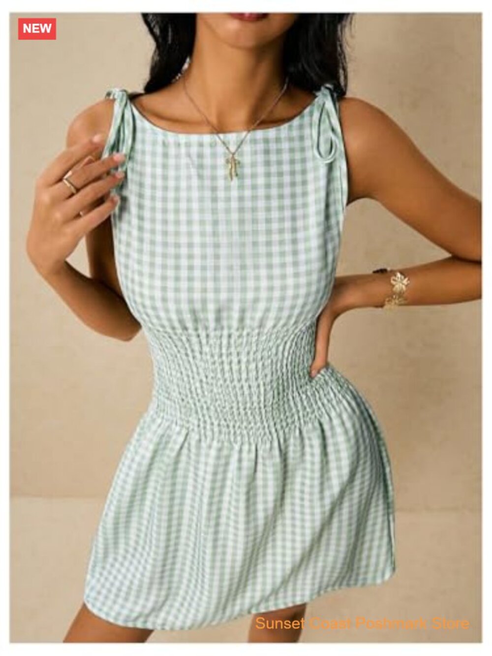 Tie Shoulder A Line Gingham Checkered Dress Boat Neck Sleeveless Mini - Picture 3 of 6
